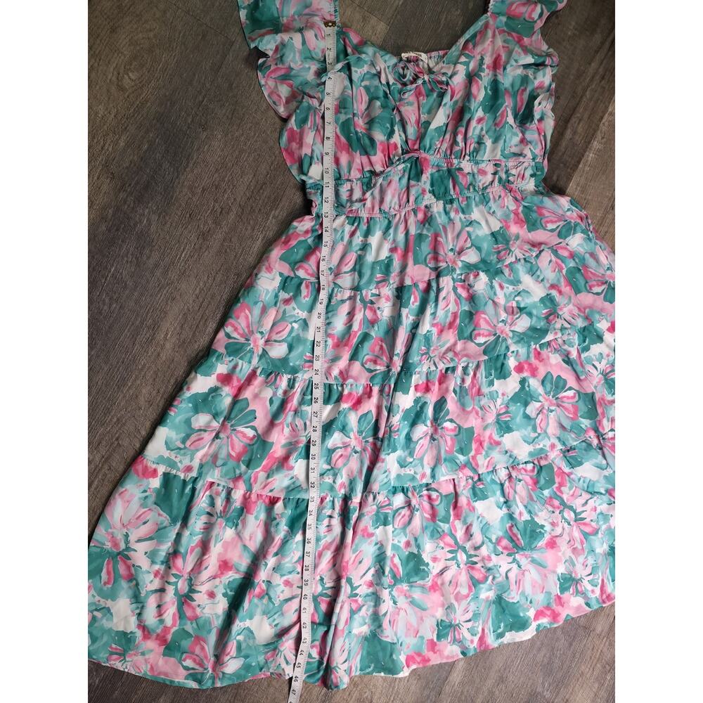 Grace Karin Womens 2XL Pink Teal Floral Tiered Midi Dress Flutter Sleeve NWOT - Picture 6 of 8